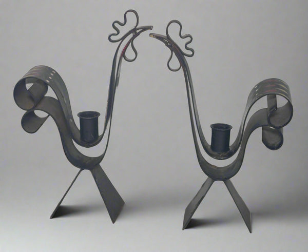 Vintage Sweden Mid Century Modern Rooster Candlestick Candle Holder Set Metal