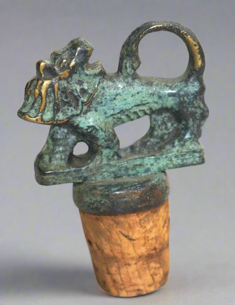 Vintage Wine Bottle Stopper Bronze Jerusalem Lion Israel Natural Patina 1950-60s