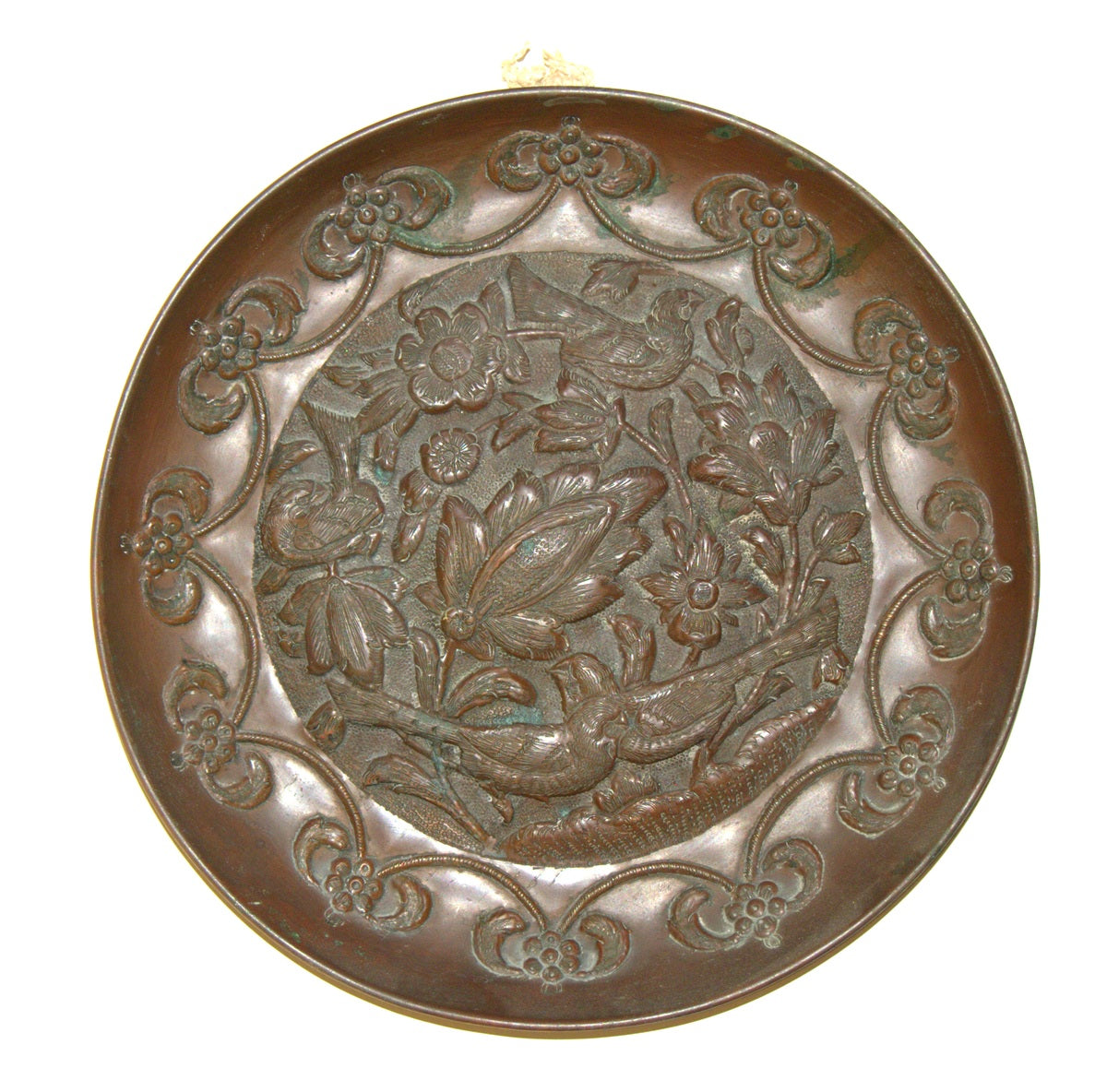 Antique Handcrafted Islamic Copper Plate Birds Flowers Scene Oriental Wall Hang