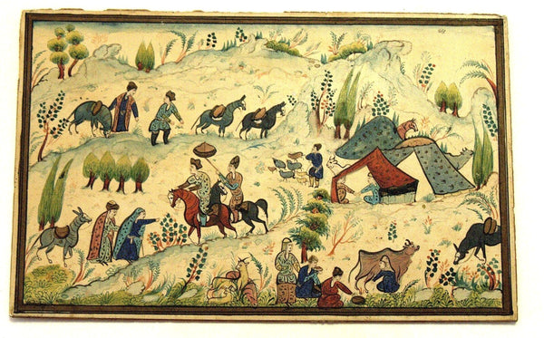 Antique Persian Hand Painted Miniature Painting Artwork Rural Nomadic Scene