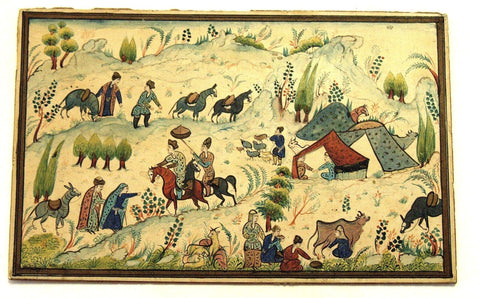 Antique Persian Hand Painted Miniature Painting Artwork Rural Nomadic Scene
