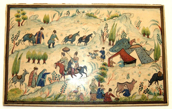 Antique Persian Hand Painted Miniature Painting Artwork Rural Nomadic Scene