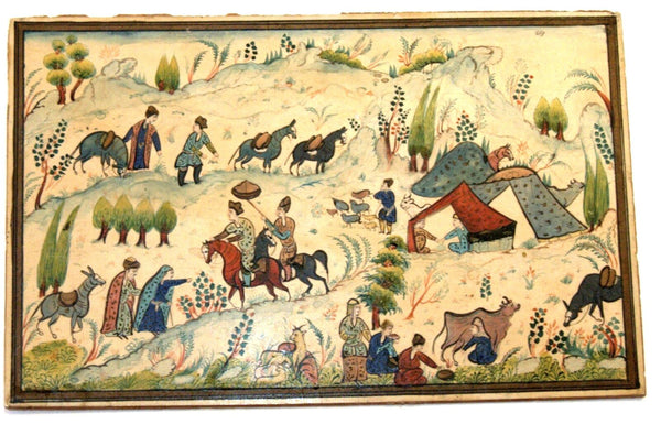 Antique Persian Hand Painted Miniature Painting Artwork Rural Nomadic Scene