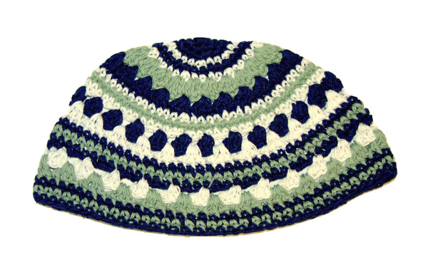 Frik Kippah Skull Cap Cotton Crochet Blue White Green Stripes Israel 22 cm