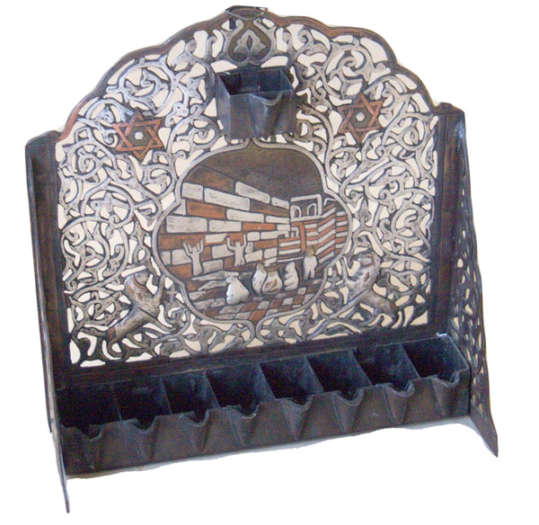 Judaica Hanoukka Damas Argent Cuivre Huile Ménorah Mur des Lamentations Jérusalem Kotel