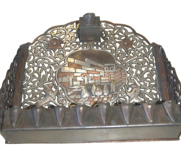 Judaica Hanoukka Damas Argent Cuivre Huile Ménorah Mur des Lamentations Jérusalem Kotel