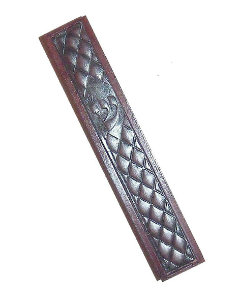 Judaica Mezuzah Case Brown Wood Etched Leather Front SHIN 12 cm Closed Back