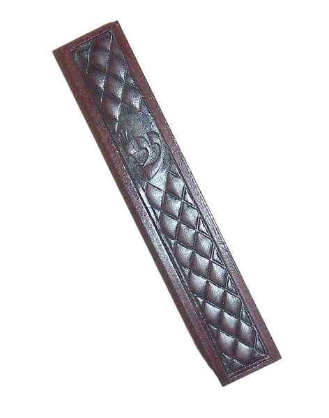 Judaica Mezuzah Case Brown Wood Etched Leather Front SHIN 12 cm Closed Back