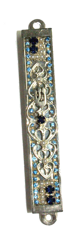 Judaica Mezuzah Case Silver Metal Aqua Blue Crystals Silver SHIN 7 cm