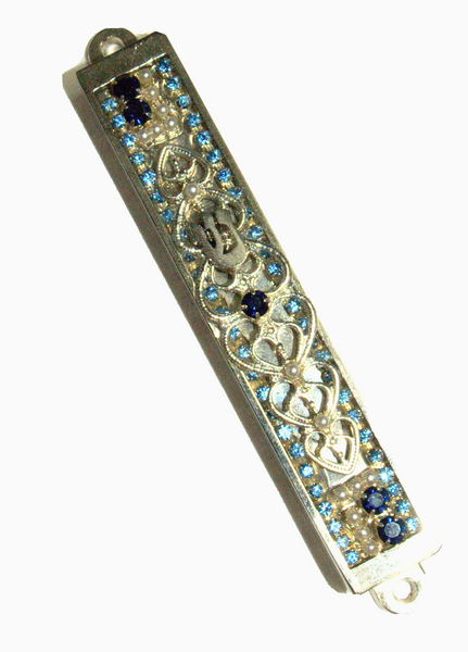 Judaica Mezuzah Case Silver Metal Aqua Blue Crystals Silver SHIN 7 cm