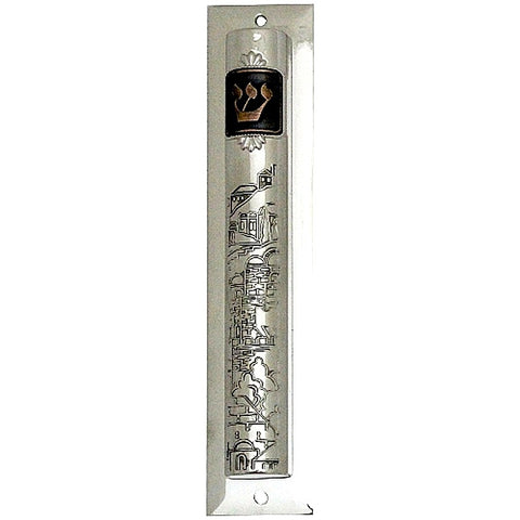 Judaica Nickel Mezuzah Case Engraved with Jerusalem View Copper SHIN 12 cm