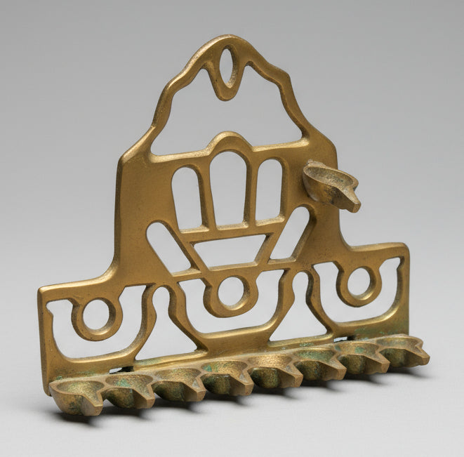 Judaica Oil Menorah Hanukkah Vintage Israel Buckler Signed Hamsa Good Luck 1970s