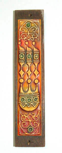 Judaica Vintage Wood Mezuzah Case w Ethnic Ceramic Plaque 8 cm Israel 1970's