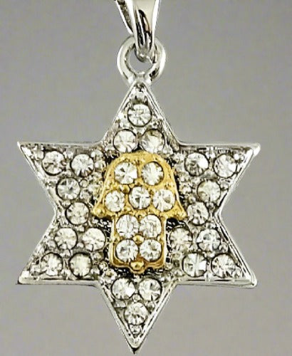 Magen David Hamsa Clear Crystals Silver Gold Rhodium Pendant & Necklace Kabbalah