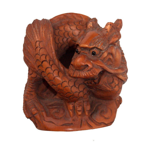 Netsuke Figurine Dragon Monster Hand Carved Wood Japan Signed