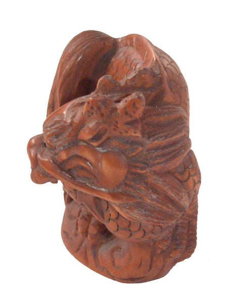 Netsuke Figurine Dragon Monster Hand Carved Wood Japan Signed