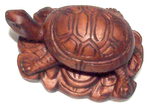 Netsuke Figurine Turtle Resting on Coins Hand Carved Wood Japan Signed