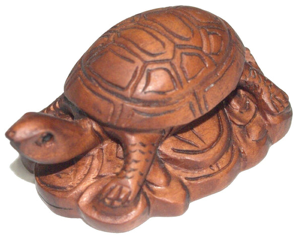 Netsuke Figurine Turtle Resting on Coins Hand Carved Wood Japan Signed