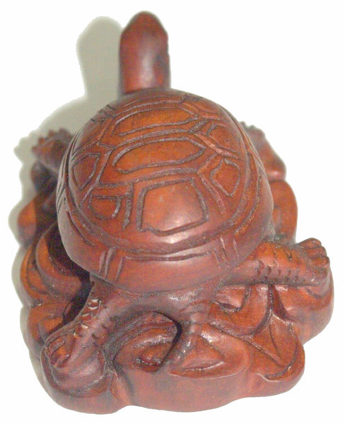 Netsuke Figurine Turtle Resting on Coins Hand Carved Wood Japan Signed