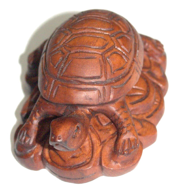 Netsuke Figurine Turtle Resting on Coins Hand Carved Wood Japan Signed