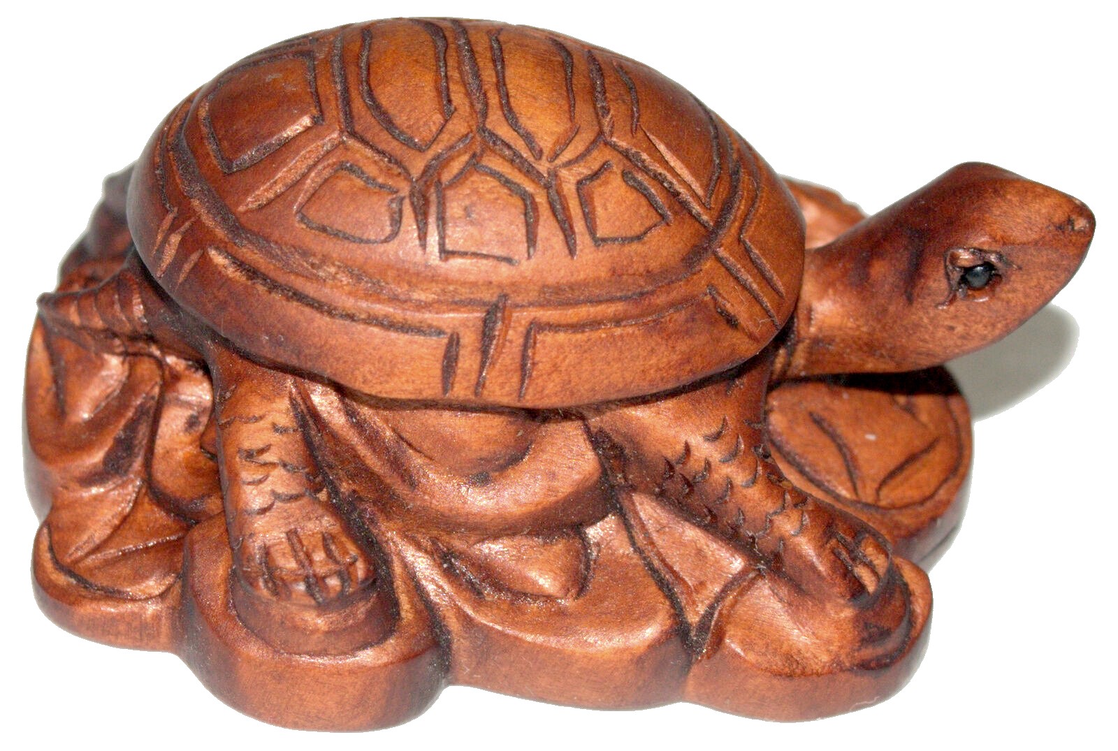 Netsuke Figurine Turtle Resting on Coins Hand Carved Wood Japan Signed