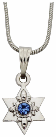 Judaica Magen David Rhodium Pendant Aqua Hoshen Stone & Necklace Kabbalah