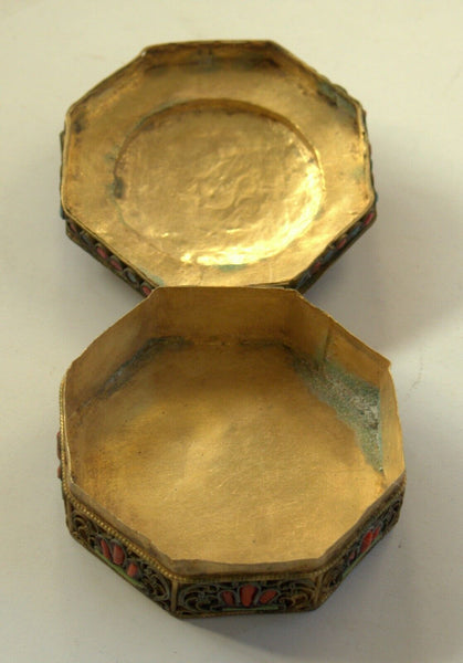 Vintage Brass Filigree Trinket Jewelry Nepal Tibetan Box Inlaid Coral Turquoise