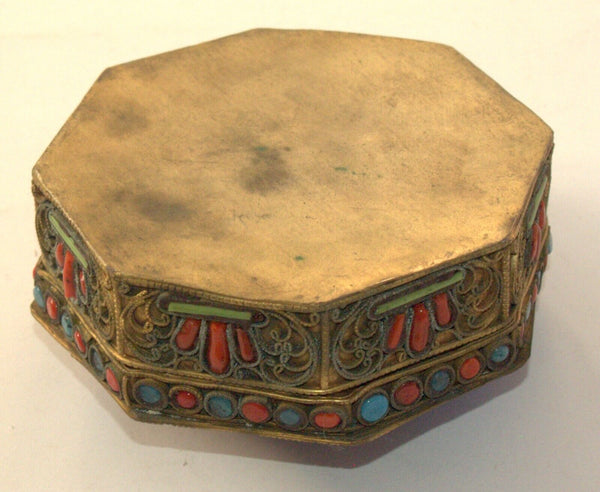 Vintage Brass Filigree Trinket Jewelry Nepal Tibetan Box Inlaid Coral Turquoise
