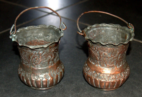 2 Antique Persian Copper Cups Jugs Hand Etched Traditional Persepolis Embossed