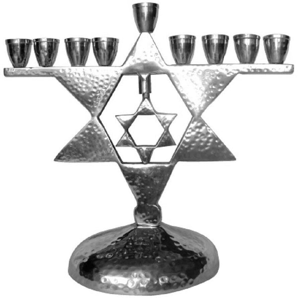 Judaica Hanukkah Menorah Hammered Silver Tone Aluminum Kinetic Magen David