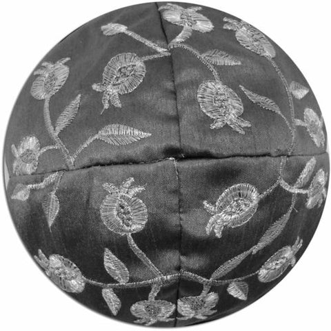Judaica Kippah Gray Brocade Silver Pomegranate Embroidered Yarmulke Yamaka 20 cm