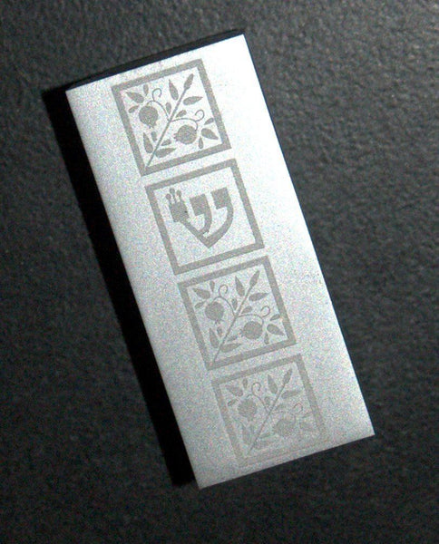 Judaica Car Mezuzah Case Aluminum Silver Floral Pomegranate Closed Back 5 cm