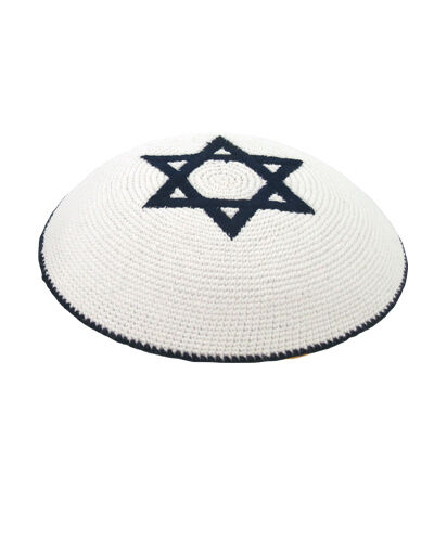Knitted White Blue Magen David Star Kippah Yarmulke Judaica Israel 17 cm