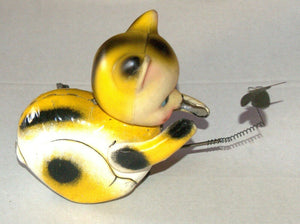 Vintage Tin Cat Butterfly Catcher Metal Toy Wind Up Spring MASUDAYA Japan 1960's