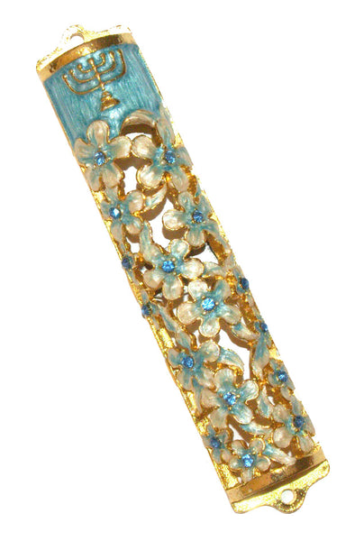 judaica-mezuzah-case-gold-enamel-decorated-jeweled-aqua-crystals-8-cm-menorah