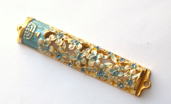 judaica-mezuzah-case-gold-enamel-decorated-jeweled-aqua-crystals-8-cm-menorah