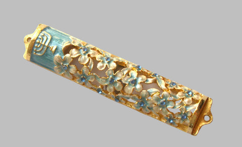 judaica-mezuzah-case-gold-enamel-decorated-jeweled-aqua-crystals-8-cm-menorah