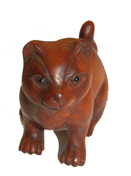Netsuke Figurine Cute Cat Hand Carved Wood Japan Signed