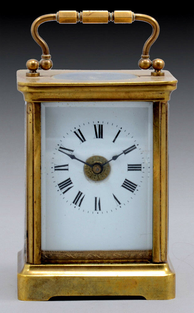 Antique British Brass Carriage Travel Mantel Clock Key Signed 1890 Roman Numeral