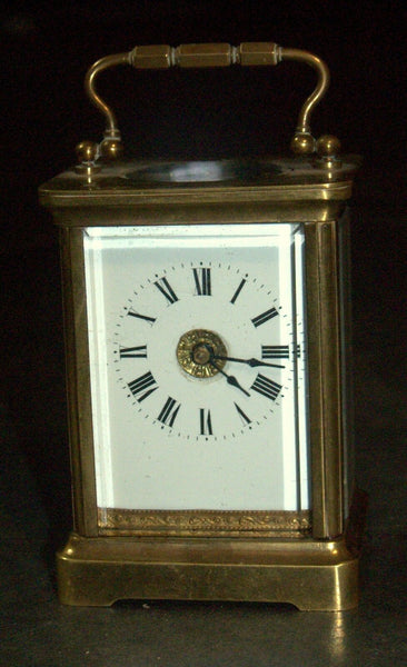 Antique British Brass Carriage Travel Mantel Clock Key Signed 1890 Roman Numeral
