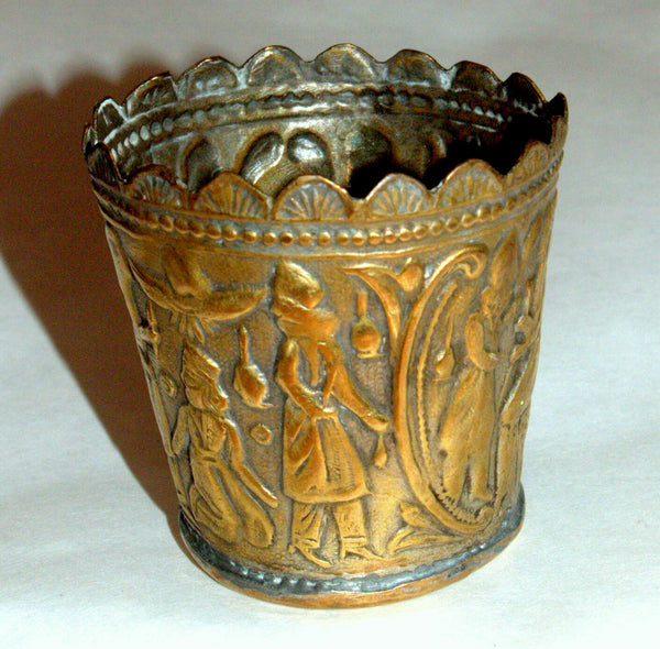 Antique Persian Copper Small Cup Hand Etched Traditional Persepolis Embossed