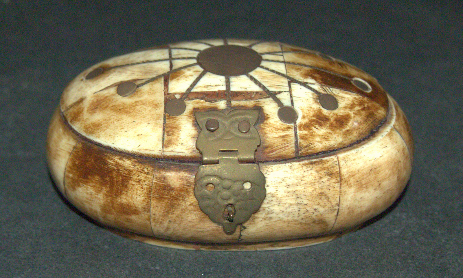Antique Oval Trinket Snuff Pill Box Bovine Bone Brass Inlay Handmade
