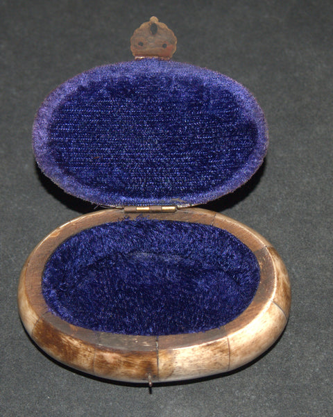 Antique Oval Trinket Snuff Pill Box Bovine Bone Brass Inlay Handmade