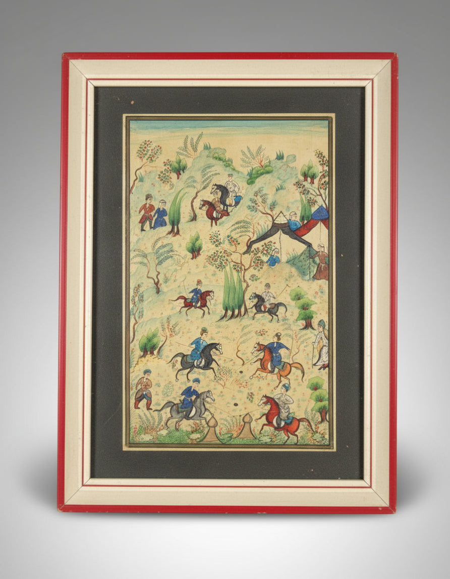 Original Persian Miniature Painting on Bone – Horsemen Battle Scene, Pre-1979 Iran