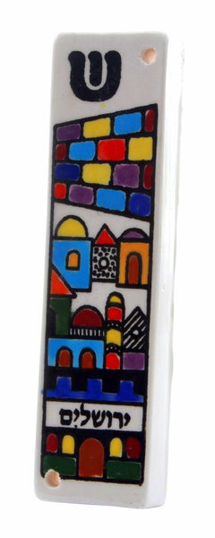 Armenian Ceramic Mezuzah Case 10 cm Colorful Jerusalem Design Judaica Israel