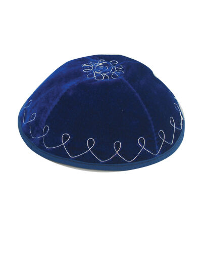 Blue Velvet Kippah Yarmulke Yamaka Silver Embroidery Judaica Israel 20 cm