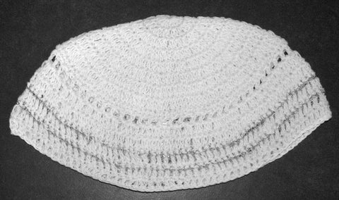 Crochet Frik Kippah Yarmulke Yamaka Crochet White Silver Stripes Israel 22 cm