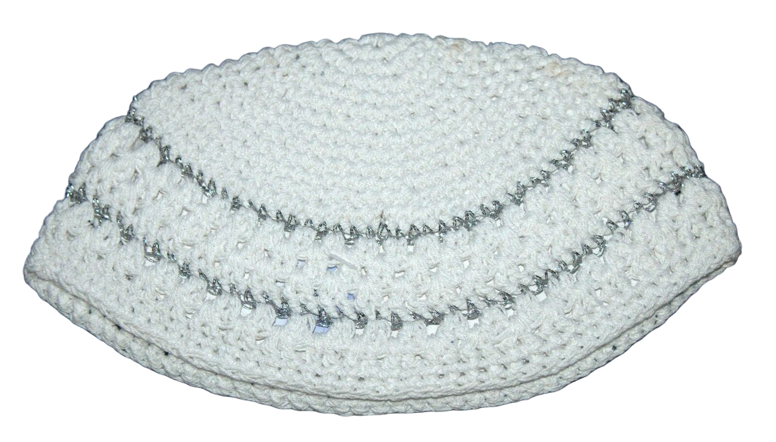 Crochet Frik Kippah Yarmulke Yamaka White Silver Stripes Israel 22 cm