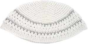 Crochet Frik Kippah Yarmulke Yamaka White Silver Stripes Israel 22 cm