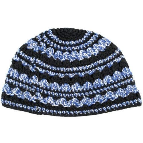 Freak Frik Kippah Yarmulke Thick Knit Crochet Black Blue Striped Israel 21 cm